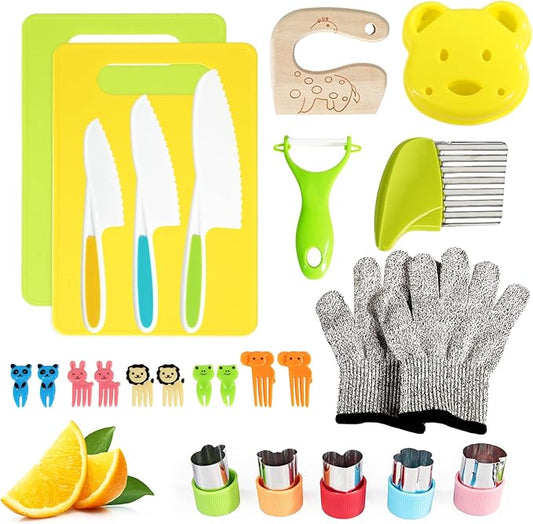 26 Pcs Kids Knife Set, Montessori Kitchen Tools for Toddlers' Real Cooking, BPA Free Knife Set Includes Crinkle Cutters Kid Safe Knives Cutting Board Peeler, Kitchen Tools for 4+ Year Old Girl Boy