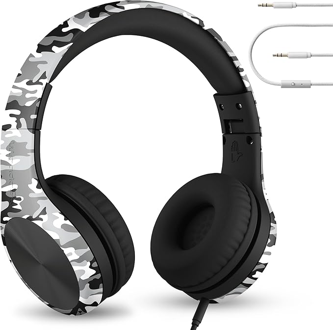 LilGadgets Connect+ Pro Wired Kids Headphones for School w/Microphone, Volume Limiting Noise Reducing Over-Ear Headset w/Cord, SharePort Technology & SoftTouch Padding, Snow Camo Headphones for Kids