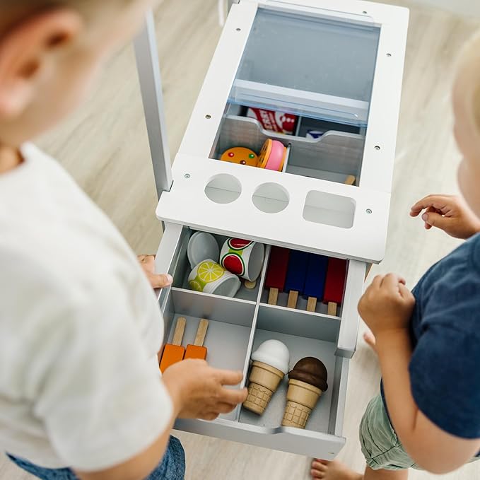 Melissa & Doug Wooden Snacks and Sweets Food Cart - 40+ Play Food pcs, Reversible Awning