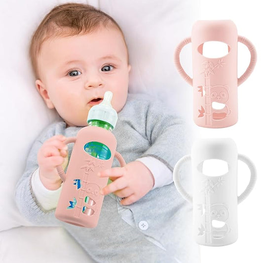 2 Pack Silicone Sleeves for Dr. Brown's Glass Baby Bottles, Anti Breakage Durable Baby Bottle Holder with Easy Grip Handles, Narrow Sleeve with a Cutout, Dishwasher/Freezer/Microwave Safe, 8 oz