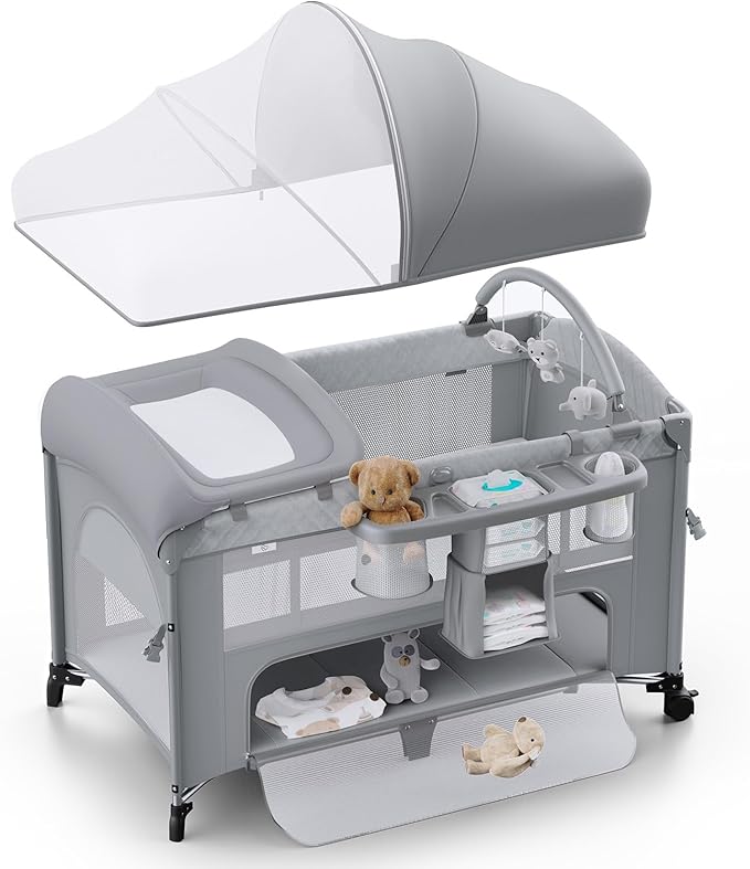 4 in 1 Baby Bassinet, Pack and Play, Bedside Crib Sleeper, Diaper Changer - Comes with Mattress, Mosquito Net，Bottom Storage and Toy Bar for Newborn to Toddles