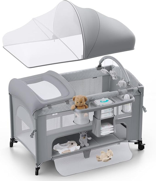4 in 1 Baby Bassinet, Pack and Play, Bedside Crib Sleeper, Diaper Changer - Comes with Mattress, Mosquito Net，Bottom Storage and Toy Bar for Newborn to Toddles