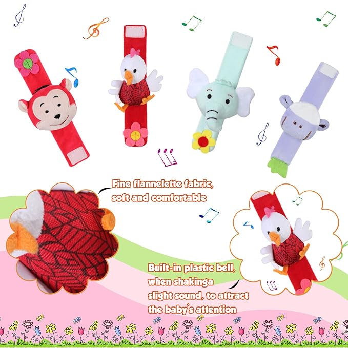 4 Pieces Baby Wrist Rattles Animal Pattern Newborn Foot Rattles Toy for 0-12 Months Babies Boy Girl Infant Birthday Gifts Educational Toys, 4 Designs (Sheep, Dog, Chick, Monkey)