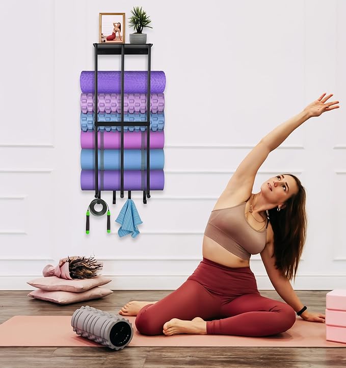 Yoga Mat Holder Yoga Mat Holder Wall Mount Home Gym Accessories Organizer,Towel Storage Rack with 4 Hooks for Hanging Foam Roller and Resistance Bands Gym Organization for Home Gym