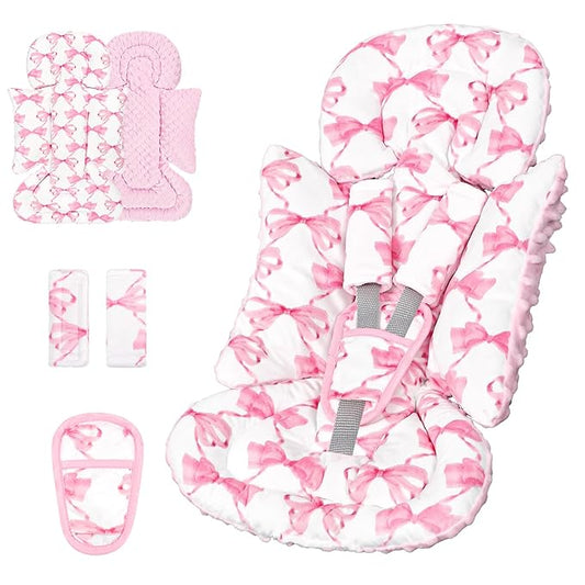 Infant Car Seat Insert, Soft Baby Car Seat Head & Body Support for Girl Boy, Reversible Newborn Preemie Carseat Insert Cushion with 3 Straps Pads, Fits Car Seat, Stroller, Swing, Bouncer, Pink Bow