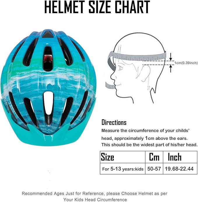 Exclusky Kids Bike Helmet with LED Light – Adjustable Multi-Sport Youth Helmet for Boys & Girls, Ages 5-12, Fits 50-57cm, Cycling Safety Gear