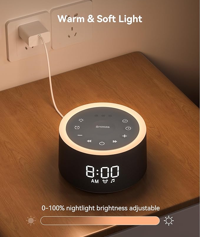 Dreamegg D1+ Sound Machine & Alarm Clock - Sound Machine for Sleep, White Noise Machine with 29 Soothing Sounds, Night Light, 0-100% Dimmable, White Noise Alarm Clock for Bedrooms Adults Baby, Black