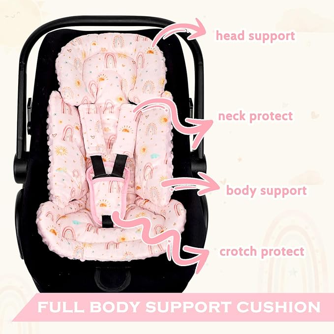 Infant Car Seat Insert and Strap Covers, Very Soft Car Seat Head Support Baby Girl Boy, Reversible Newborn Carseat Insert Cushion Fits for Stroller, Baby Swing, Bouncer (Pink Rainbow)