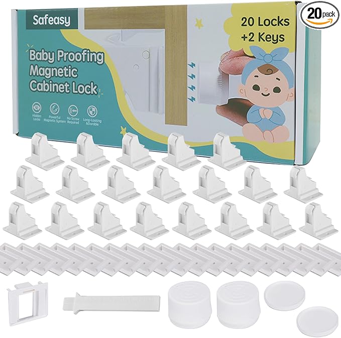 20 Pack Child Safety Magnetic Cabinet Locks - Safeasy Adhesive Baby Proofing Cabinets & Drawers Latches