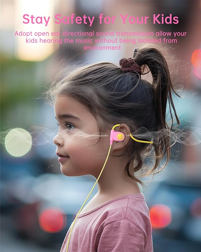 Kid Headphones for School, Air Conduction Open Ear Headphones, 3.5mm Jack Wired Cord, Ultra-Comfort, Ergonomic and Lightweight Design Perfect for School and Outdoor Activities-Yellow Pink