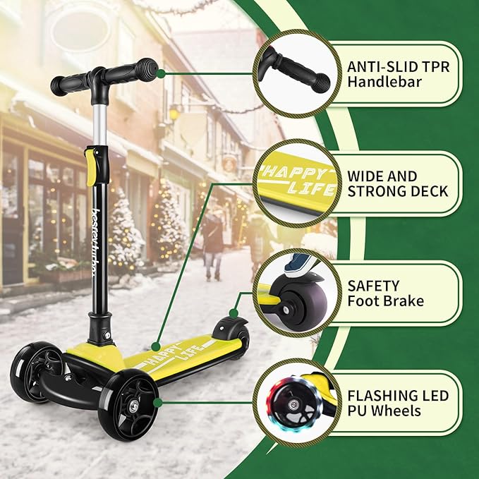Besrey Kick Scooter for Kids Ages 3-10, 3-Wheel Folding Scooter with Adjustable Height, LED Light Wheels, Extra Wide Deck for Outdoor Activities