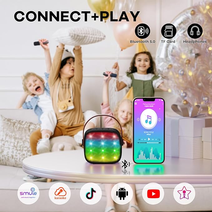 YLL Mini Karaoke Machine with 2 Wireless Microphones for Kids Adults, Portable Bluetooth Speaker, Popular Gift for 3, 4, 5, 6, 7, 8, 9, 10, 11, 12, 13+ Years Old Teens Birthday for Boys Home(Black)