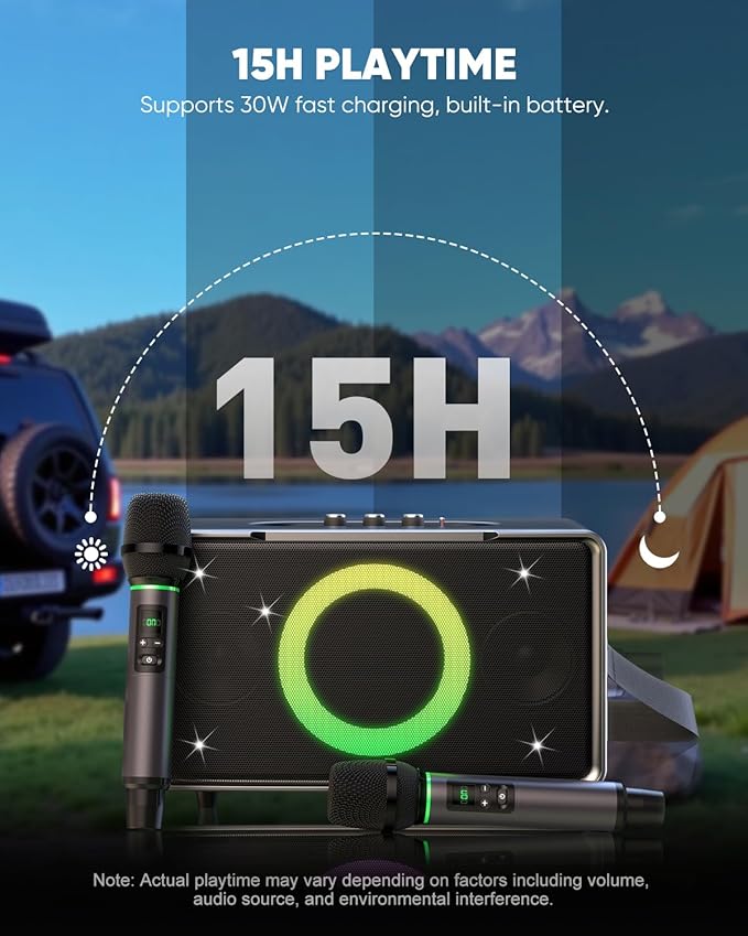 GFEEN Portable Bluetooth Speaker: 200W Peak, 15H Playtime, Wireless Speakers with Microphone, 5″ Subwoofer, Loud Sound, Light Show, Fast Charging for Outdoor, Party, Backyard(Silver with 2Mic)