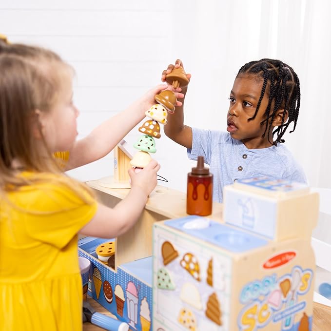 Melissa & Doug Wooden Cool Scoops Ice Creamery Play Food Toy Wooden Pretend Play Frozen Treats for Toddlers, Preschoolers, Boys and Girls - FSC-Certified