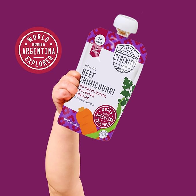 Serenity Kids 7+ Months World Explorers Beef Chimichurri Baby Food Pouches - Baby Puree Made with Organic Veggies & Ethically Sourced Beef - BPA-Free Pouches - 3.5 Oz, 6 Pack