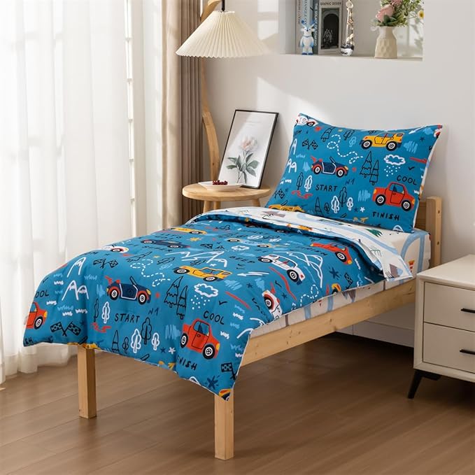 NTBED 4 Pieces Racing Car Toddler Bedding Set for Baby Boys, Hill Vehicles Transportation Printed, Includes Comforter, Flat Sheet, Fitted Sheet and Pillowcase,Blue