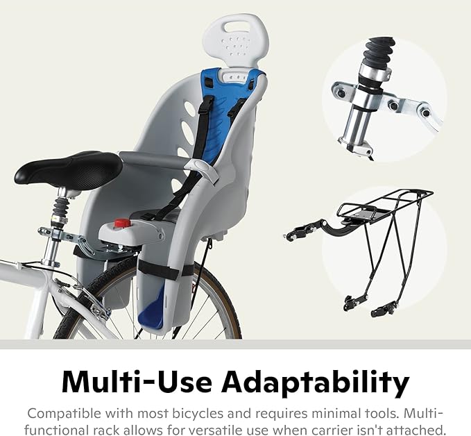 Schwinn Deluxe or Ovation Child Bike Carrier, Seats one Kid Ages 1+, Frame Mount, Adjustable Safety Harness, Quick Release Design, Comfortable Padding, Rear-Mounted Child Bike Seat for Toddler