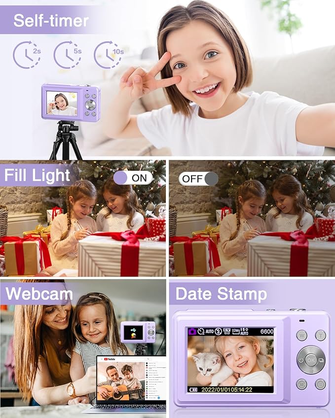 Digital Camera, Kids Camera FHD 1080P Point and Shoot Camera with 16X Zoom Anti Shake, Small Compact Camera for Teen Starter Children Kid Student Girl Boy(Purple)
