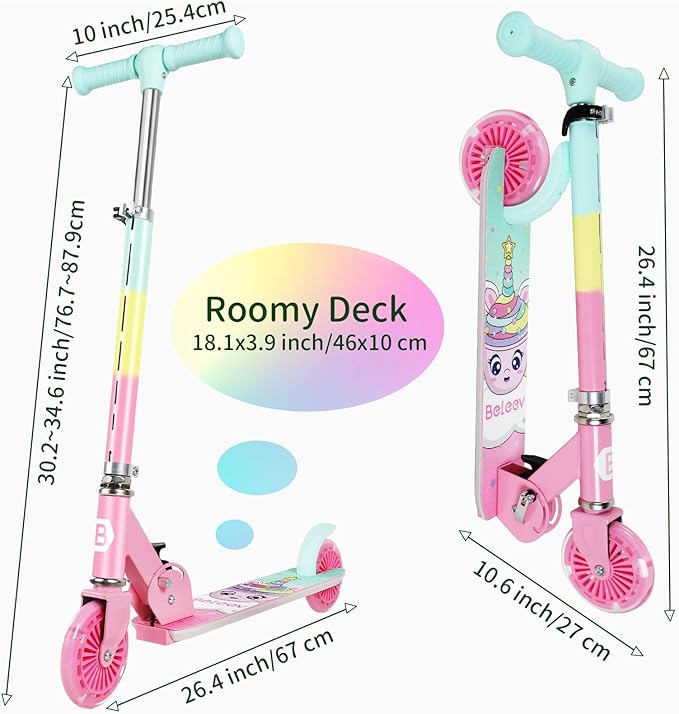 BELEEV V2 Scooters for Kids with Light-Up Wheels & Stem & Deck, 2 Wheel Folding Scooter for Girls Boys, 3 Adjustable Height, Non-Slip Pattern Deck, Lightweight Kick Scooter for Children Ages 3-12