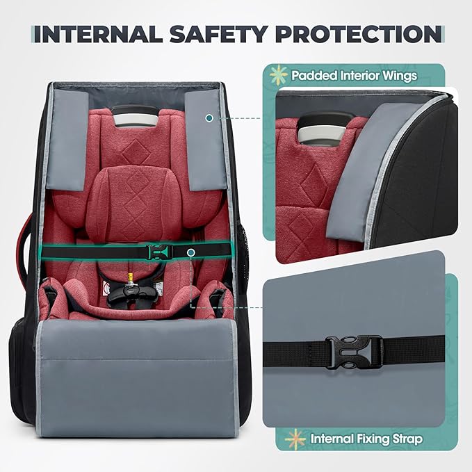 RAINSMORE Padded Car Seat Travel Bag for Airplane Heavy Duty Car Seat Backpack for Air Travel Baby Carseat Cover Bags for Airport Large Car Seats Carrier Fits Car Seats & Booster Seats, Black