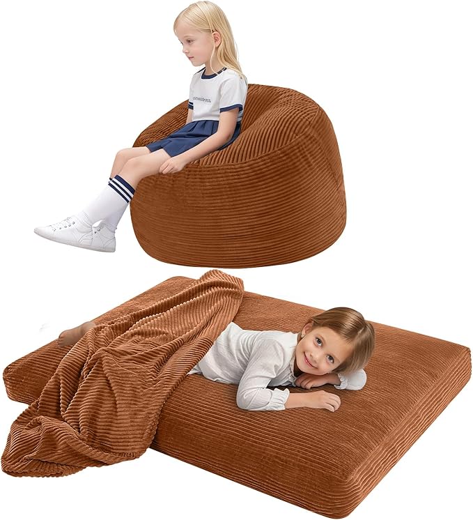 COMAX Kids Bean Bag Chair Turn into Beanbag Bed, Toddler Bean Chair Corduroy for Girl Boy Sleeping, Lazy Children Bean Bags with Filler, Convertible Child Floor Mattress, Orange