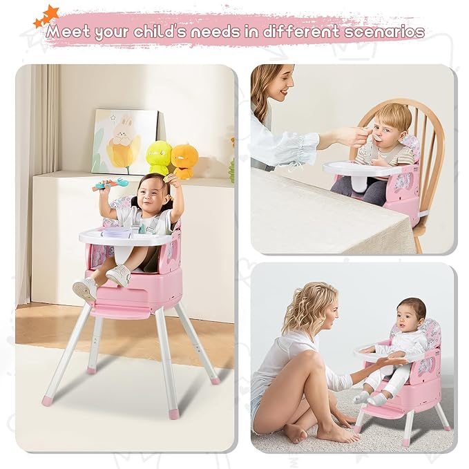 4 in 1 Portable Baby High Chair,Convertible Highchair for Babies & Toddlers-Foldable Infant Booster Seat,Carry Small Box,Dining Chair,Toddler High Chair with 5-Point Harness,Removable Tray-Pink