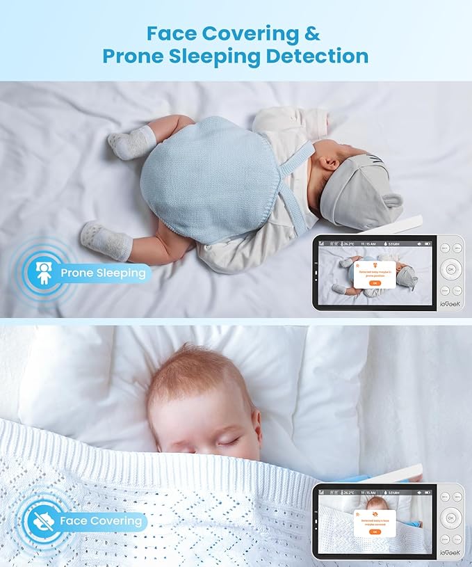 ieGeek 5.5" Baby Monitor,Audio Monitor with 2.5K Ultra HD 2.4G&5Ghz WiFi Camera,Night Light,Face Covering&Cry Detection,Two-Way Talk,Night Vision,Temp&Humidity Sensor,4000mAh Battery,App Control