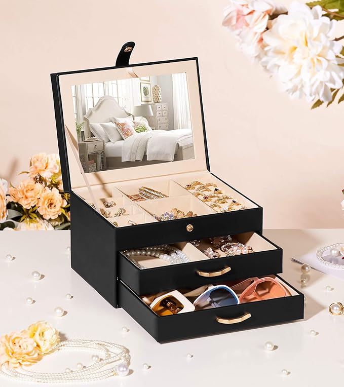 Black Jewelry Box Organizer: Home Decor for Women - 2-Drawer Holder for Valentine’s Day Birthday Christmas Black Pink