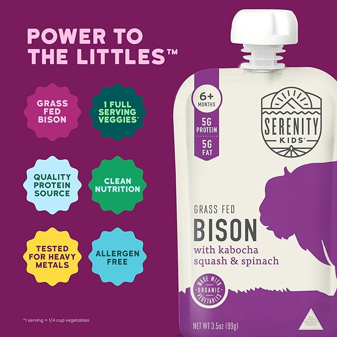 Serenity Kids 6+ Months Baby Food Pouches - Ethically Sourced Grass-Fed Bison & Organic Kabocha Squash & Spinach Puree - BPA-Free Baby Puree Pouches - 3.5 Oz, 6 Pack