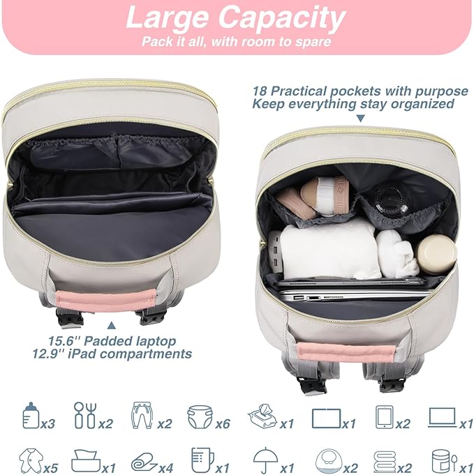MOMUVO Diaper Bag Backpack, Quilted Baby Bag with Changing Pad and Stroller Straps and Pacifier Case, Multifunction Waterproof Travel Diaper Bags, Unisex, Light Grey and Pink