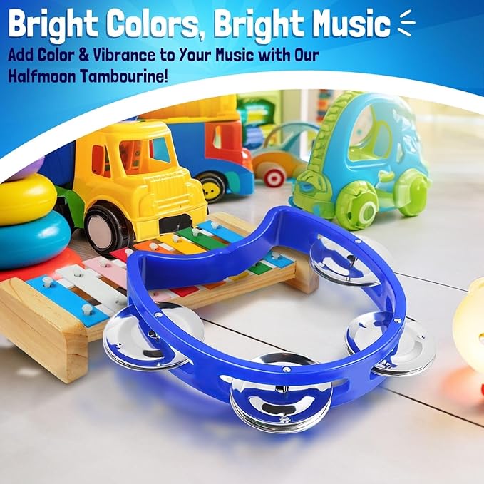 Flexzion Tambourine Hand Bell Percussion Musical Instruments (Blue, 2 Pack), Plastic Music Instrument Half Moon Mini D Handheld Shaker, Jingle Bells