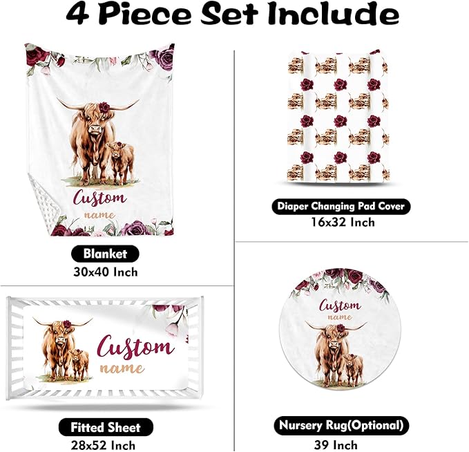 Custom Nursery Crib Bedding Set: Personalized Name 4 Piece Rose Highland Cow Design Baby Crib Sets for Girls - Toddler Double Layer Blanket Set, Comfortable Crib Bed Sheets for Baby Toddlers