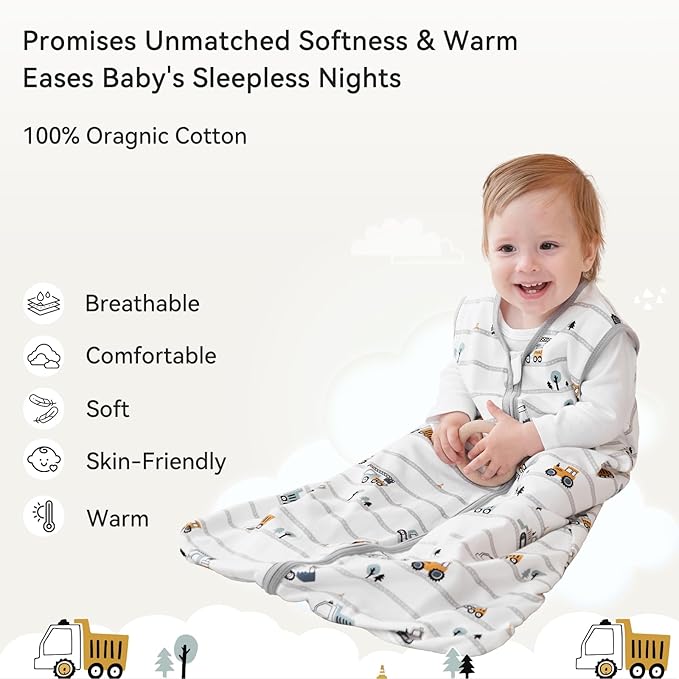Baby Sleep Sack 12-18 Months 0.5 Tog Wearable Blanket Baby, 3 Pack 100% Cotton Lightweight Sleeping Sack with 2-Way Zipper for Infant Toddler Excavator
