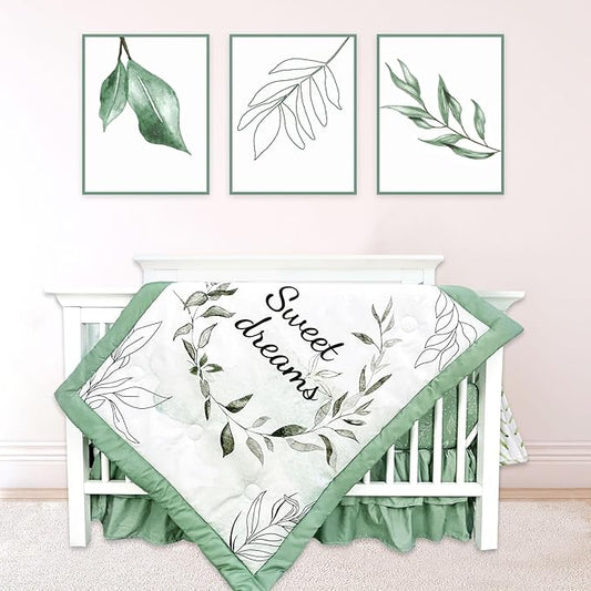 Green Leaf Crib Bedding Set, 4-Piece Baby Boy Bedding Set, Neutral Nursery Bedding Set, Fitted Crib Sheet, Crib Skirt, Baby Quilt, and Diaper Stacker, Sage