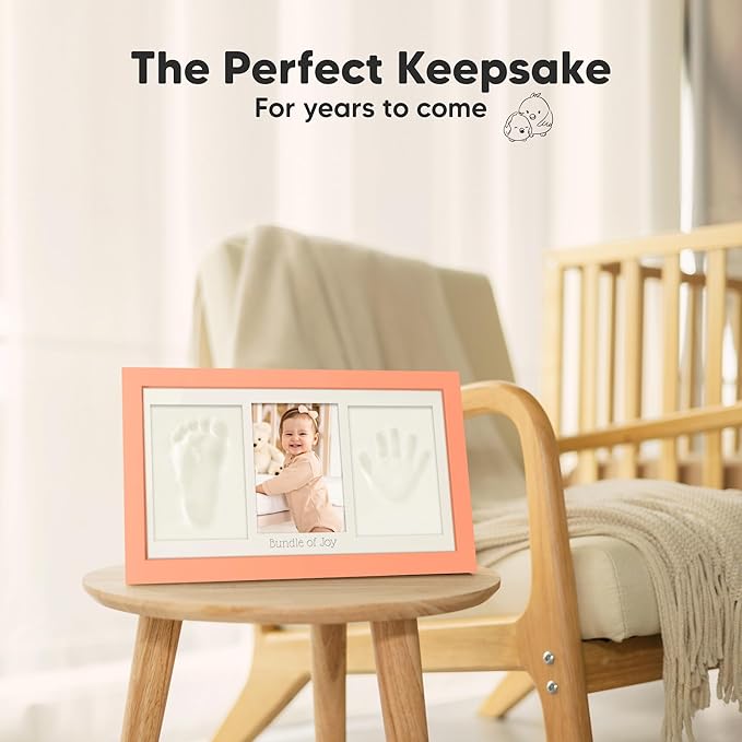Baby Hand and Footprint Kit - Clay Handprint Keepsake Frame, Newborn Nursery Picture Frame, Personalized New Mom Gifts for Baby Shower & Registry (Salmon)
