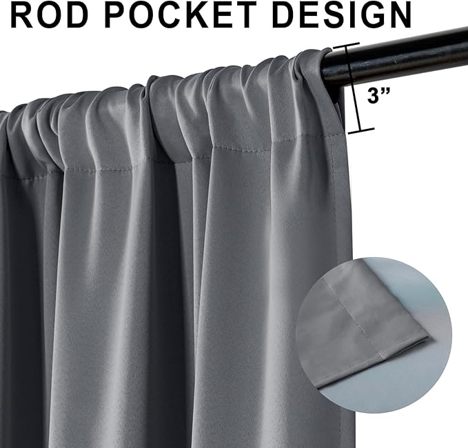 XWZO 100% Blackout Curtain Panels - Extra Long Rod Pocket Thermal Insulated Black Liner Curtains, Noise Reducing and Heat Blocking Drapes for Bedroom with Tiebacks, Dark Grey, W52 x L108, Set of 2