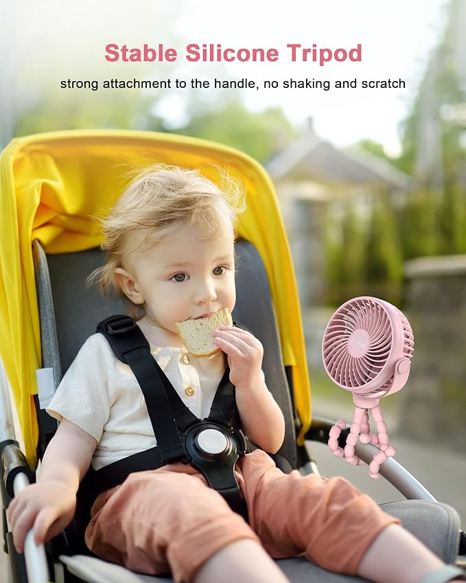 Stroller Fan Clip on for Baby, 4000mAh Rechargeable Battery Operated, Flexible Tripod, 3 Wind Speed, 360° Rotatable, Small Portable Fan for Car Seat Crib Backseat Beach Travel Camping, Pink