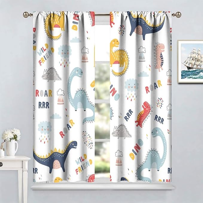Cartoon Dinosaur Curtains for Kids Boys Girls Home Decor Colorful Cute Dino Animals Print Pattern Rod Pocket Blackout Window Drapes for Nursery Baby Bedroom Playroom W21xL45in Decor
