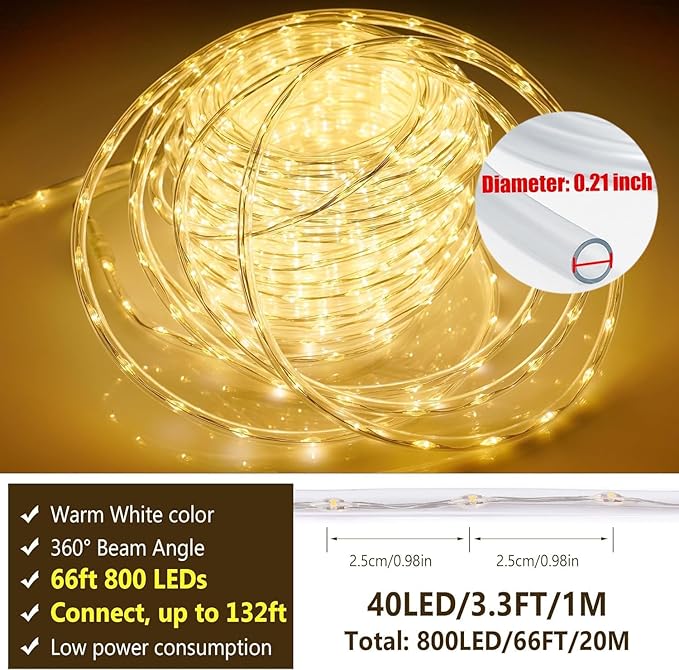 Connectable 66ft 800 LED Rope Lights Outdoor, Warm White Strip Lights Plug in, Outdoor String Lights Waterproof Decorative Lighting for Deck Patio Yard Garden Pathway Pool Camping Room Indoor Décor