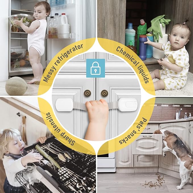 4our Kiddies Child Safety Cabinet Locks for Babies (2 Pack) Child Proof Latches for Cabinets and Drawers Doors, Baby Proofing Cabinet Strap Locks for Cupboards, Fridge, Toilet and Closet