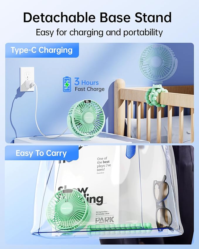 SWEETFULL Portable Stroller Fan with Display 4000mAh Battery Powered Mini Clip On Fan, 4-Speed Rechargeable Small Personal Cooling for Baby Car Seat Crib Travel - Green