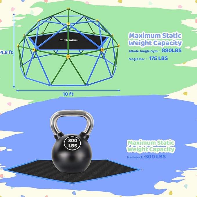 Gardenature 10FT Climbing Dome with Hammock, Outdoor Jungle Gym for Kids, Geometric Dome Climber Supporting 880 Lbs Anti-Rust Metal Outdoor Play Structure ASTM Approved Blue & Green