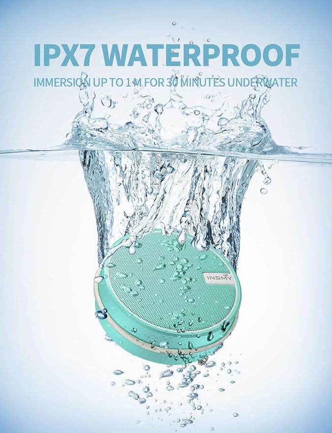 INSMY C12 IPX7 Waterproof Shower Bluetooth Speaker, Portable Small Speaker, Speakers Bluetooth Wireless Loud Clear Sound Support TF Card Suction Cup for Outdoor Kayak Canoe Beach Gift (Mint)