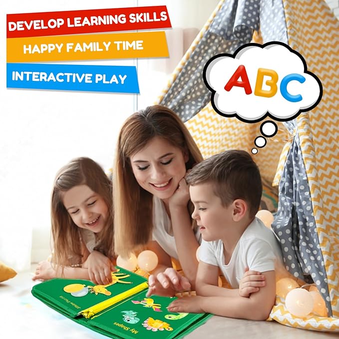 Qizfun Busy Board Book Montessori Toys for 1 2 3 4 Year Old, Boy Girl Birthday Gifts, Educational Sensory Learning Toys for Toddlers 1-3, Car Airplane Travel Activities Toys for Kids Ages 2-4 Year Old
