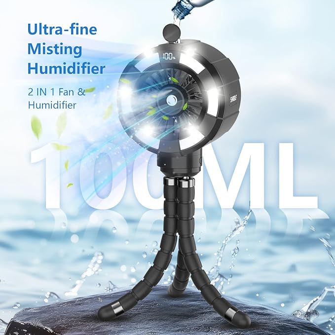 6000mAh Misting Fan for Stroller, 3 Speeds Portable Clip Fan with Intermittent/Continuous Spray, 14H Cooling, Detachable Mount, Timer & Night Light for Baby (100ML Water Tank) - Black