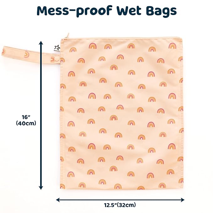 Tiny Twinkle Mess-Proof Waterproof Wet Dry Bag | 2-Pack Reusable Wet Bags for Swimsuits & Baby Clothes | Leakproof Wet Bag for Travel & Diaper Changes for Baby (Boho Rainbow)