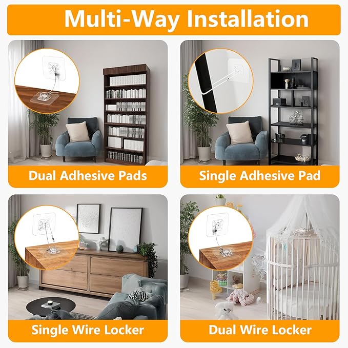 No Drill Metal Furniture Anchors (10 Packs) for Baby Proofing, 14" Adhesive Anti-Tip Furniture Wall Safety Straps for Child, Keep Toddlers & Pets Safe from Falling Furniture Like Dresser & Bookshelf