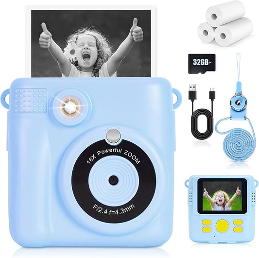 Instant Print Camera for Kids - 2.4 Inch Kids Camera Instant Print with Paper & 32G Card- Digital Children Toys as Christams Birthday Gifts for Girls Boys Age 3-12 - Blue