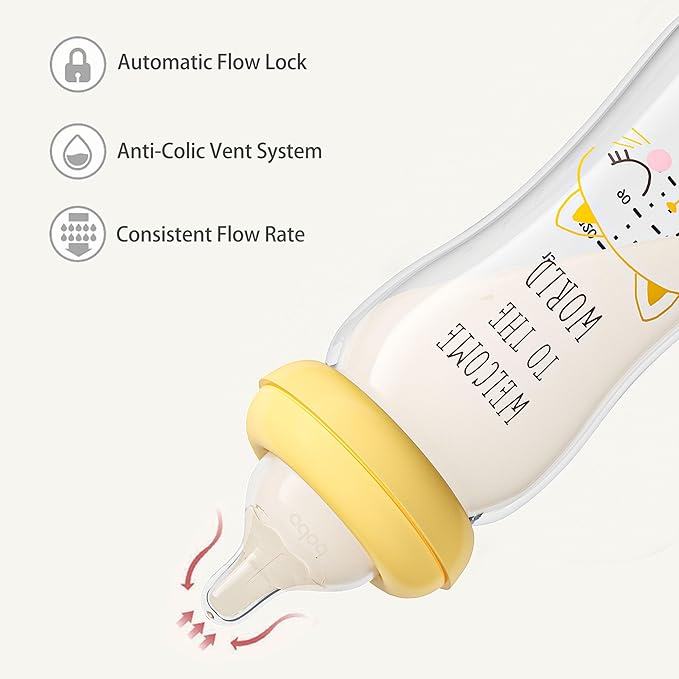 YOHKOH Natural Glass Baby Bottle with Natural Response Nipple, Newborn Anti-Colic Baby Bottles, Wide Neck Mushroom Cap Baby Bottle, Clear (8.8ounce (Pack of 4), Yellow1)