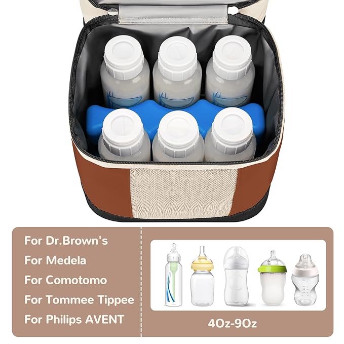 Mancro Breast milk Cooler Travel Bag Fits 6 Bottles Up to 9 Ounces，Double Layer Baby Bottle Cooler Bag with Ice Pack，Insulated Baby Bottle Bags for Daycare & Nursing Moms,Black and Brown